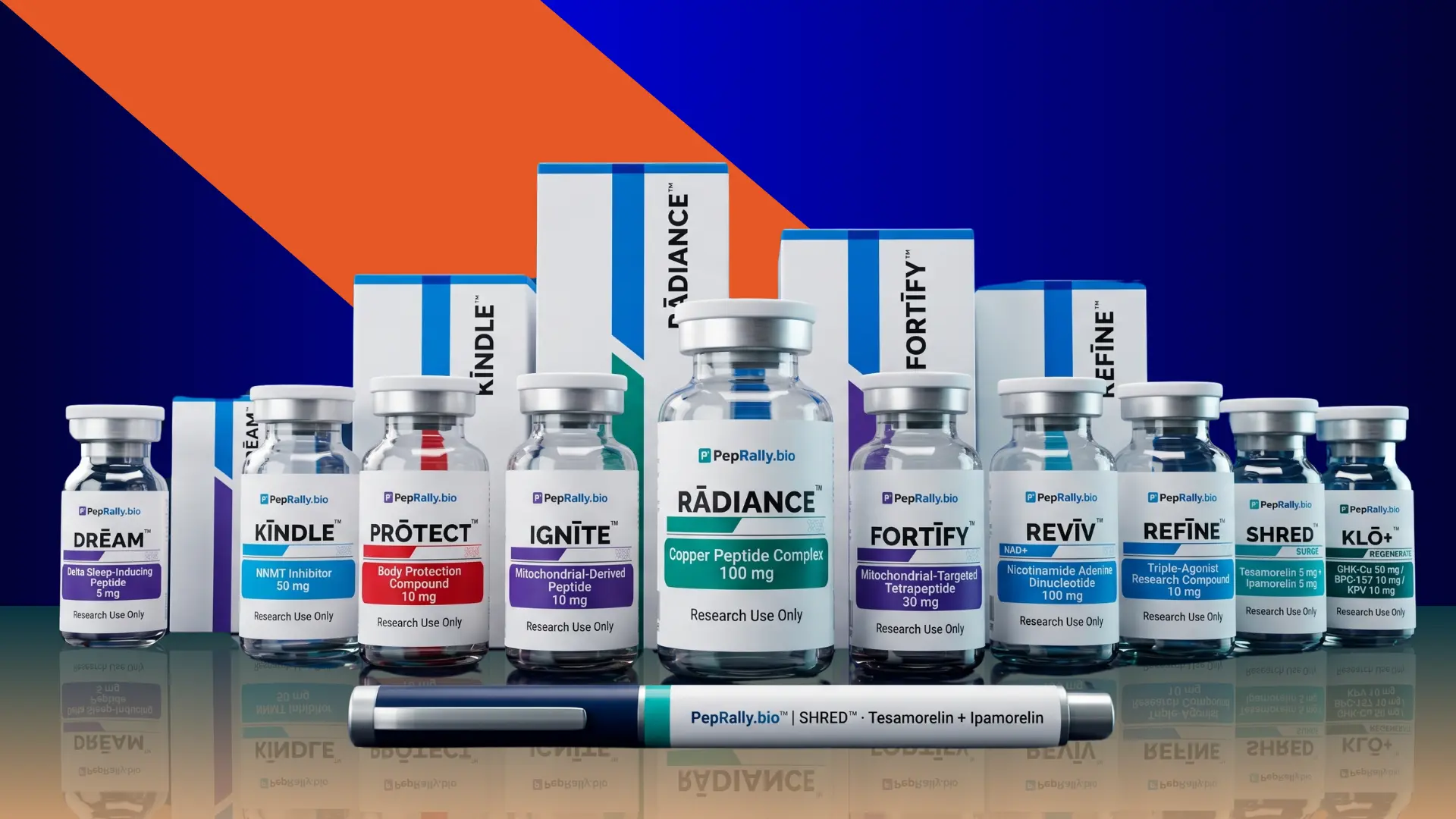 PepRally — full product lineup with vials, boxes, and pen